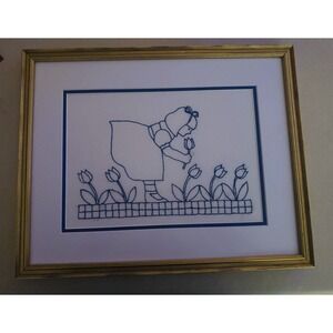 Hand Embroidered Sunbonnet‎ Sue Bluework Framed Art Vintage Style Wall Decor